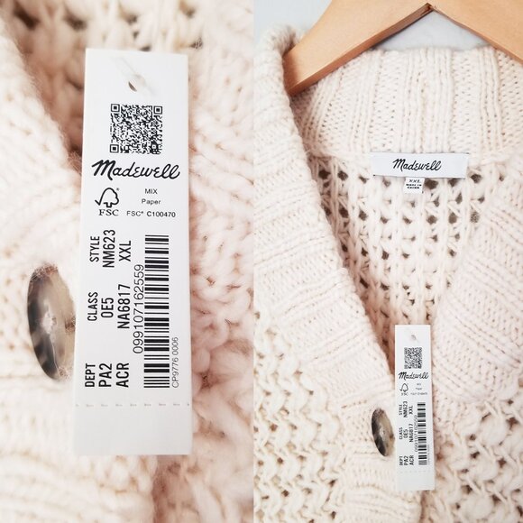 NEW Madewell Bomber Cardigan Sweater XXL Antique Cream Chunky Wool Blend $148 - Picture 11 of 16